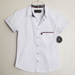 White Short-Sleeve Button-Up Shirt with Contrast Trim